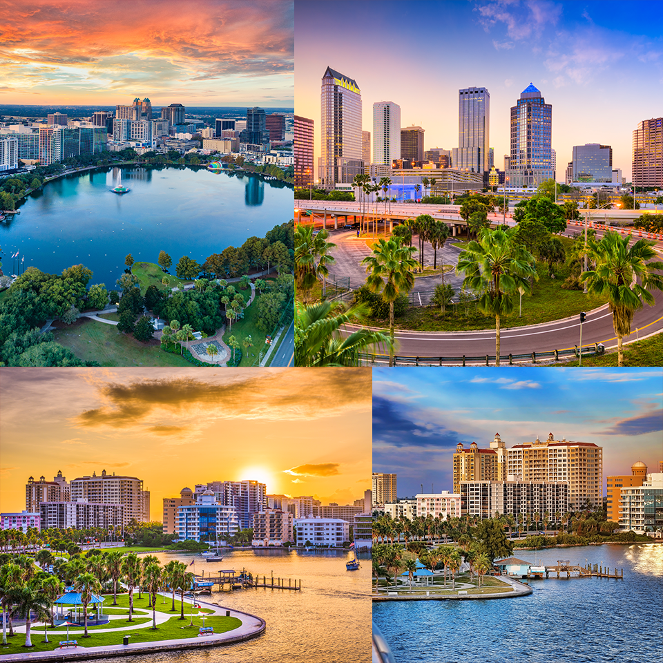 A collage of four different pictures with the sun setting over some water.